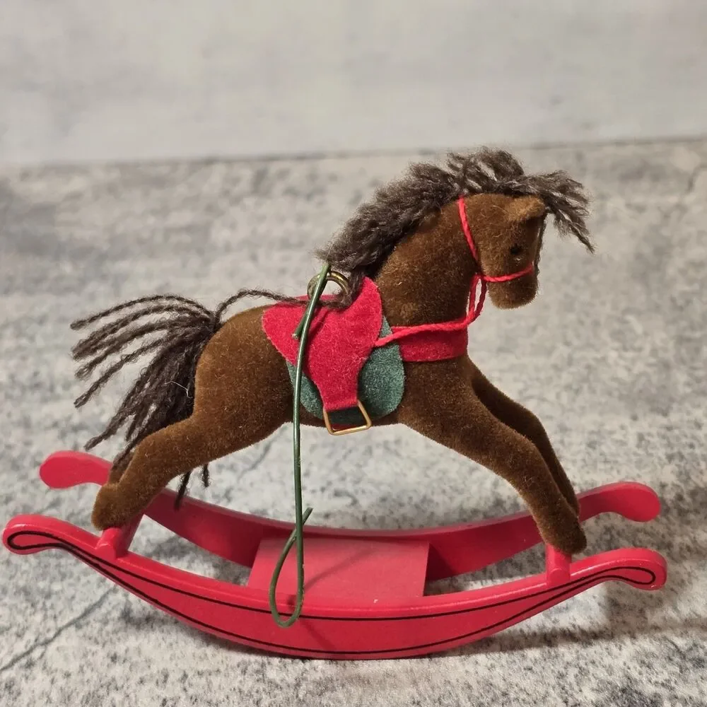 Vintage Flocked Dept 56 Red Rocking Brown Horse Yarn Hair Christmas Ornament